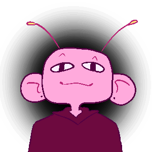 Portrait of a pink alien creature with a smug expression.