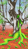 pixelart of of a mossy tree in a misty forest.